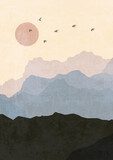 bohemian printable wall art, boho poster, pastel abstract art, landscape drawing, mountain painting. Abstract Arrangements. Landscapes, mountains. Posters. Terracotta, blush ivory watercolor
