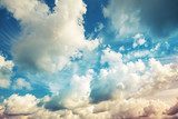 Bright blue cloudy sky, vintage toned photo background 