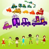 cars caravan, Group of kids playing in a landscape