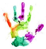 Close up of colored hand print on white 