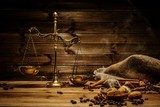 Coffee theme with brass scales still-life on wooden table