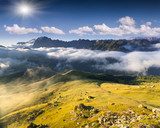 Colac mountain range at foggy summer morning. Dolomites mountain 