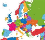 Colorful Europe map with countries and capital cities 