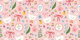 Cute vector seamless pattern with hand drawn flowers, bows, goose, chicken, leaves and herbs, strawberry. Cottagecore. Spring and summer cozy background. Gardening and country lifestyle.