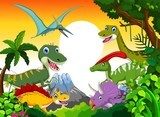 Dinosaur cartoon with landscape mount backgroun for you design