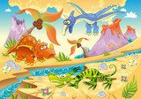 Dinosaurs with prehistoric background Vector illustration