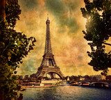 Eiffel Tower in Paris, Fance in retro style. Seine river
