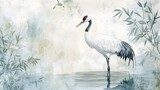 Elegant White Crane Stands in Tranquil Water Amidst Bamboo