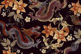 Embroidery dragons and flowers seamless pattern. Classical embroidery Asian dragon and beautiful vintage flowers seamless pattern. China dragons vector