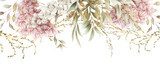 Floral border with garden flowers and foliage, can be used as invitation card for wedding, birthday and other holiday and  summer background. Botanical art. Watercolor