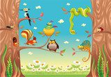 Funny animals on branches Vector scene, isolated objects