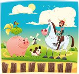 Funny farmer with animals Cartoon and vector illustration