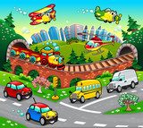 Funny vehicles in the city Cartoon and vector illustration