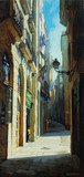 gothic quarter in barcelona, painting by oil on a canvas, illust