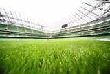 green-cut grass in large stadium at summer day 