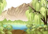Idyllic landscape with willow and mountain 