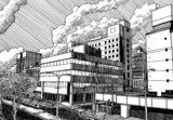 Japan urban city office buildibgs view drawing ink sketch style 