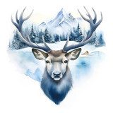 Majestic reindeer head in the snow. Winter wonderland. Watercolor illustration of a beautiful deer with a serene winter landscape and snowy pine trees in the background