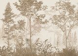Minimalist Sepia Forest Trees and Tropical Leaves Botanical Vector Illustration