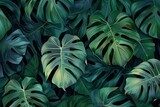 Pattern of monstera leaves, deep green hues illuminated by the soft glow from above, creating an atmosphere reminiscent of tropical foliage. The design incorporates dark greens and natural tones