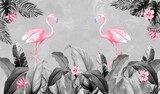 Photo wallpapers for the room. Pink flamingos. Flamingos on a background of leaves. Tropical leaves, tropics, flamingos.