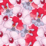 pink seamless background with pink and red orchids 