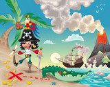 Pirate on the isle Funny cartoon and vector scene