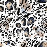 Seamless animal print. Beautiful spotted skin pattern on white background. Wild mix of leopard spots and tiger stripes, hand painted watercolor.