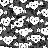 Seamless halloween kawaii cartoon pattern with cute hearts. 