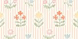 Seamless pattern with freehand ink doodle abstract flowers. Trendy vertical stripes floral embroidery stitch background. Hand drawn vector illustration. Boho, cottage core, needlework retro wallpaper.