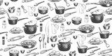 Seamless pattern with kitchen utensils for cooking. Cooking pot, mortar and pestle, saucepan, spatula, measuring cup. Sketch style peeler, knife, whisk, salt jar, pepper shaker, frying pan. Background
