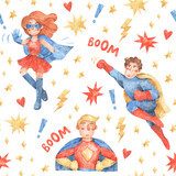 Seamless pattern with  superheroes. Watercolor texture with people in costume of superheroes and comics symbols. Hand-drawn pattern with fighting characters
