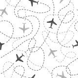Seamless pattern with watercolor airplanes. Travel around the world concept. Vector background. 