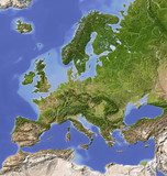 Shaded relief map of Europe, colored for vegetation. 