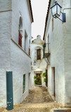 Small narrow street in spanish city with white houses