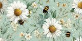 Summer Daisy Bees Seamless Pattern Artistic Floral Botanical Print for Fabric Wallpaper Design