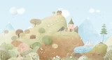 Summer landscape with hills, lake, village houses, castle. Watercolor illustration. Cute landscape for a child's room. Hand drawn illustration. Wall art. Seamless pattern.