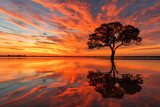 Tranquil Sunset Silhouette and Orange Sky Reflections