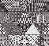 Tribal collage in black and white. Ethnic triangle patchwork seamless background.