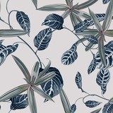 Tropic summer painting seamless pattern with exotic blue liana branch and exotic palm leaves and exotic plants. Trendy exotic flower wallpaper on white background.