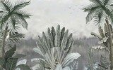 Tropical landscape wallpaper design in pastel tones, soft color, oil painting background, palm and banana trees, mural art.