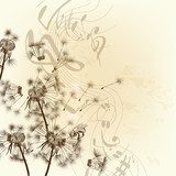Vector floral background with dandelions and notes 