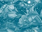 Vector seamless sea pattern with tropical fishes, stars