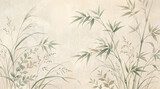 Vintage bamboo ink painting on textured paper, traditional oriental botanical mural, zen nature background with green leaves and grass