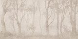 Vintage forest landscape mural in sepia tones, antique woodland wallpaper texture, ethereal misty tree grove illustration for interior design