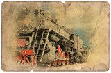 Vintage military postcard isolated, old locomotive 