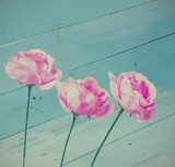 Vintage roses decoration on blue wood background,instagram style