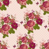 Vintage Seamless Roses Background with Butterflies 