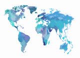 Watercolor blue world map. Beautiful map with lands and islands. Watercolor illustration for decoration.