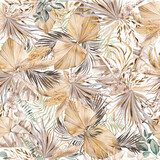 Watercolor Bohemian seamless pattern with dried tropical leaves illustration
